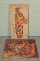A fabric on board Batik African print of tribal women and cattle together with another of tribal