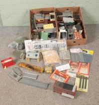 Two boxes of assorted model railway buildings, scenery, and built kits to include Hornby,