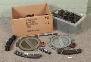 Two boxes of mostly OO gauge model railway track to include Hornby Turntable, Tri-Ang and Peco