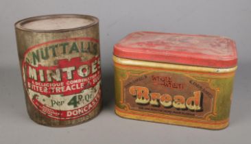 Two vintage tins to include Nuttall's Mintoes and Whole Wheat Bread examples.