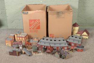 Two large boxes of model railway buildings to include Vollmer, Kibri, Auhagen, etc.