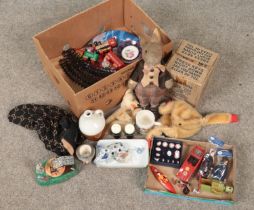 A box of miscellaneous. Includes boxed cash register, Northern Toy puppet, Beswick, Tri-ang etc.