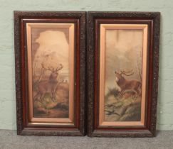 Two framed R. Cleminson signed prints titled 'The Challenge' and 'On The Alert' depicting a stag.
