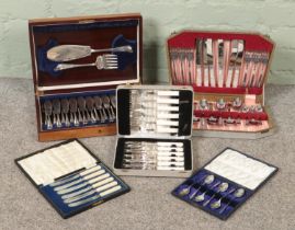 A collection of flatware, to include a canteen of fish cutlery, cased knives and desert set.