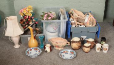 Three boxes of miscellaneous to include Falcon Ware, Arthur Wood, Spode, art glass candlesticks,