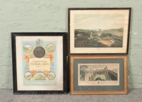 Three pictures and engravings, to include 'The East View of Nutley-Abby' S & N Buck and Horncastle