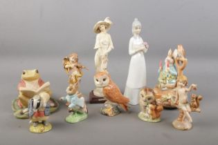 A collection of figurines including Beswick owl, Royal Albert "Tommy Brock" of Beatrix Potter, other