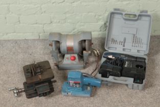 A small collection of power tools to include Fern drill, Vandom Junior Bench Grinder, Bosch PSS 230,