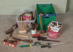 Two boxes of assorted tools to include torque wrench, hammers, clamps, bolts, etc.