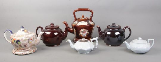 Six decorative teapots, to include Bargeware with stand and motto 'Think of Me' and two Sadler '