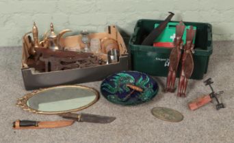 Two boxes of assorted miscellaneous, to include Cyprus fish dish, Eastern teapots, gilt framed