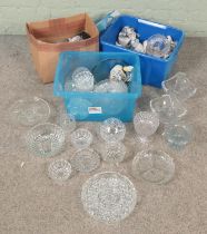 Three boxes of cut glass including fruit bowls, cake stand, dishes etc.