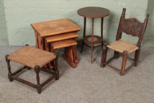 A quantity of small furniture including oak nest of tables, child's chair, occasional table and
