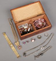 A wooden jewellery box and contents of jewellery. Includes ladies Rotary wristwatch, vintage