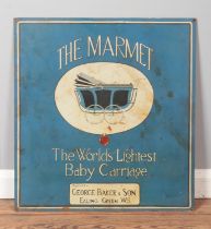 An enamelled advertising sign for The Marmet. Agents George Baker & Son, Ealing Green. 60cm x 56cm.