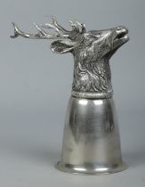 A silver plated Gucci stirrup cup with stag head decoration. Stamped Gucci, Italy. Height 16cm.