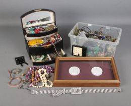 A box of mostly costume jewellery to include ladies wristwatches, necklaces, earrings, small