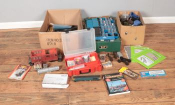 Three boxes of model railway spares and repairs to include Hornby, Kibri, Vollmer, Faller, Peco,