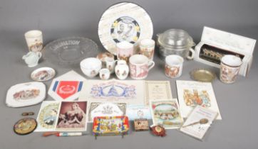 A quantity of Commemorative wares. Includes George V enamel beaker & mug, Queen Victoria's Diamond