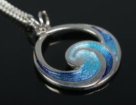 An enamelled silver pendant on silver chain by Sheila Fleet, Orkney. In original box.