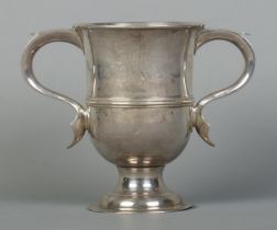 A George III silver twin handled cup. Engraved with a windmill to one side and monogram to other.