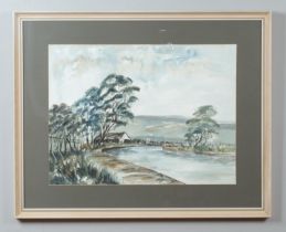 Ashley N Jackson, British, born 1940, a large framed watercolour, landscape scene depicting Leeds