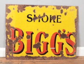 An enamelled advertising sign for Biggs cigarettes. 54cm x 71cm.