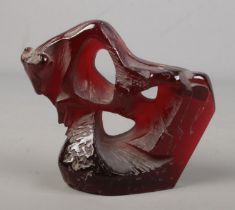 Professor Jan Cerny (1907-1978), a Czech red glass sculpture of a stylised bull. Signed. Height 11.