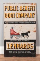 An enamelled advertising sign for Lennards, Public Benefit Boot Company. 64cm x 38cm.