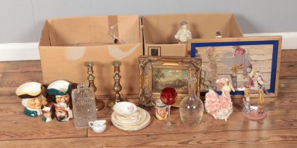 Two boxes of miscellaneous to include several Leonardo Collection figures, cut glass decanters,