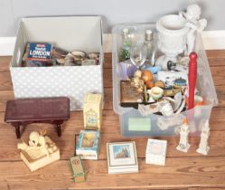 Two boxes of miscellaneous. Includes crested China, boxed perfumes, composite jewellery boxes, dolls
