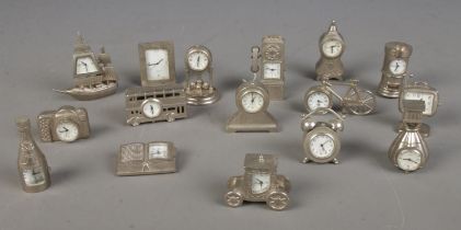 A collection of sixteen novelty metal clocks. Good condition.