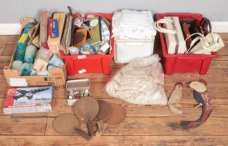 Four boxes of miscellaneous. Includes handbags, boxed Airfix model, lace & linen, etc.