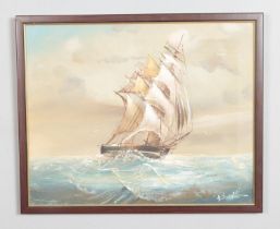 An oil on canvas depicting clipper ship at sea. Signed to bottom right corner. 54x44cm