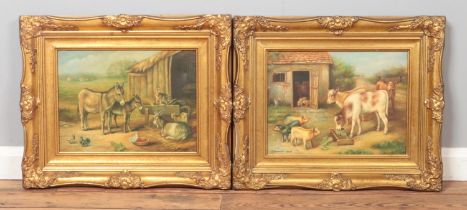 RH Stevenson, a pair of early 20th century gilt framed oil on canvas, farmyard scenes with