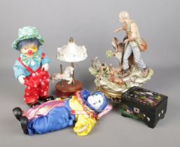 A quantity of musical collectables and figures to include Capodimonte figure, oriental jewellery box