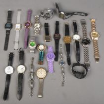 A box of wristwatches. Mostly quartz examples, etc.