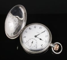 A silver cased full hunter pocket watch, having enamel dial with subsidiary seconds dial by