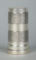 A George V silver cylindrical shaving brush case with engine turned decoration. Housing a Kelson