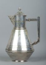 A Jonas Bowen & Son silver plated hot water pot in the style of Christopher Dresser. Height 25cm.