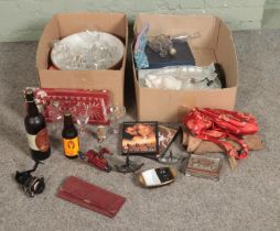 Two boxes of miscellaneous to include Babycham glasses, Ladybird Books, sealed alcohol, ceramics,