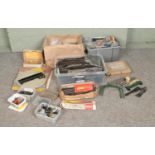 Three boxes of assorted model railway spares and repairs to include Hornby, Tri-Ang, Trix Twin