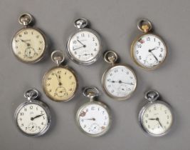 Eight pocket watches, mainly white metal. Includes Ingersoll, Smiths and Federal examples.