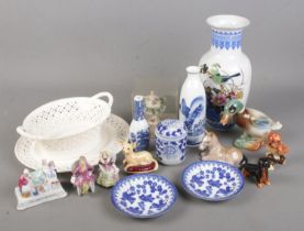 A collection of ceramics. Includes Beswick, Dresden, oriental wares, Leeds Pottery etc.
