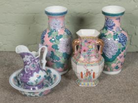 A collection of oriental style ceramics including a Chinese hexagonal vase. Pair of vases Hx46cm