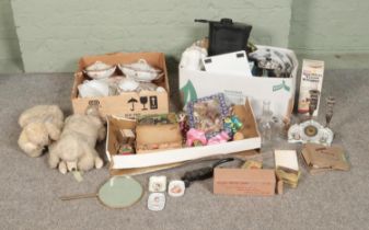 Three boxes of miscellaneous to include Doulton Burslem dinner service, laboratory glassware, silver