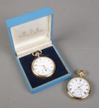 Two Garrard gold plated pocket watches. One boxed. Both working.