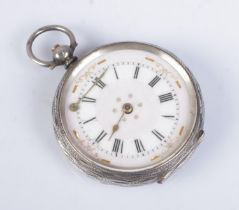 A swiss silver fob watch. Stamped 935 with three bears. Not working. One finger loose.