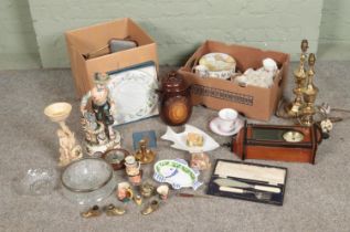 Two boxes of miscellaneous to include Royal Albert, Rumtopf jar, silver collared flatware,