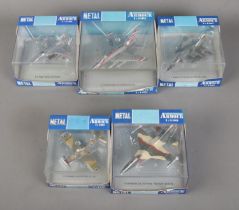 Five boxed Armour Collection 1:100 scale diecast model planes to include P-51 Mustang, F-16 Falcon